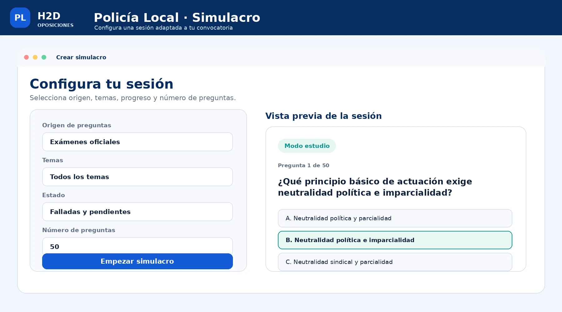 Creador de simulacros de Policía Local con filtros y vista previa