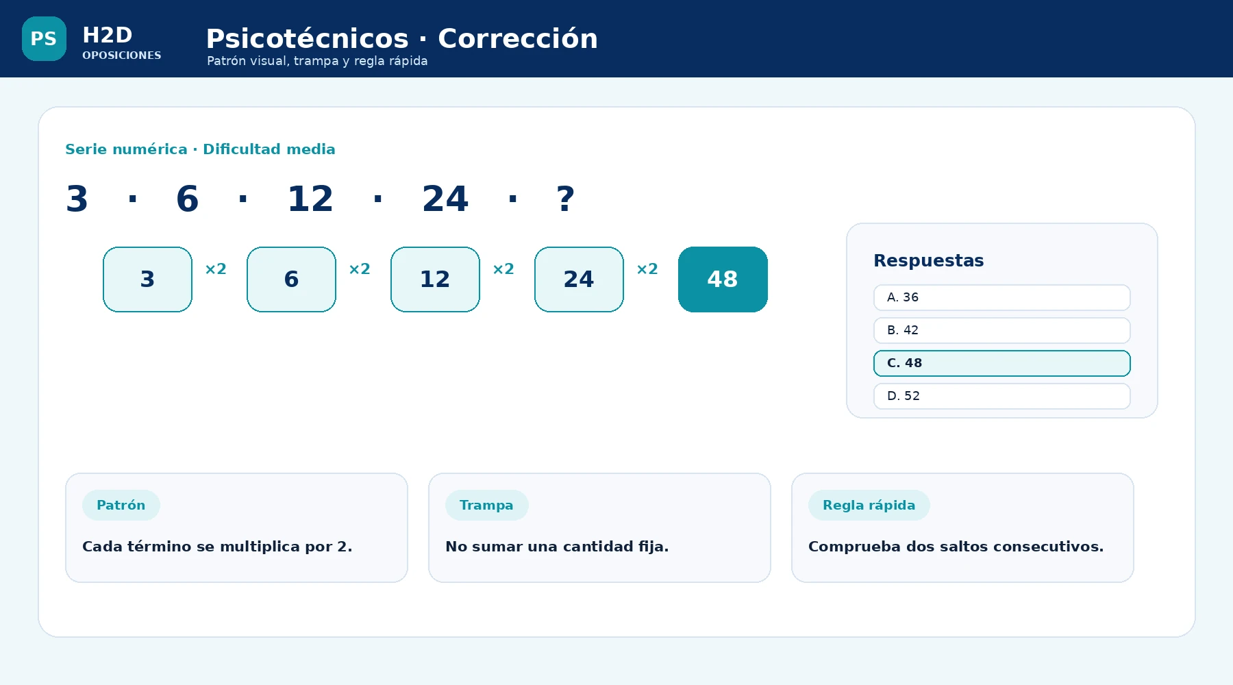 Pregunta psicotécnica corregida con patrón visual, trampa y regla rápida